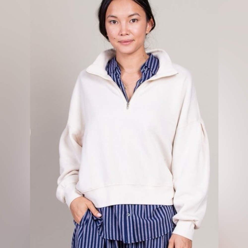 XIRENA Womens DUKE 1/4 Zip Sweatshirt Sz XS Bliss Cream Cotton Pullover